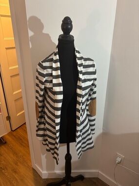 Striped Knit Open Front Cardigan with Elbow Patches - Black & White